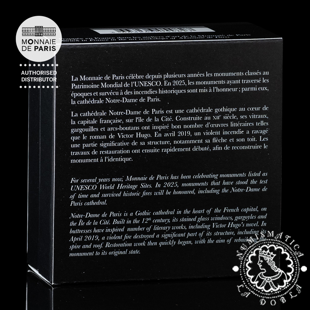 2025 – 1/4 Oz Gold PROOF – Unesco Notre Dame de Paris Cathedral – FRANCIA