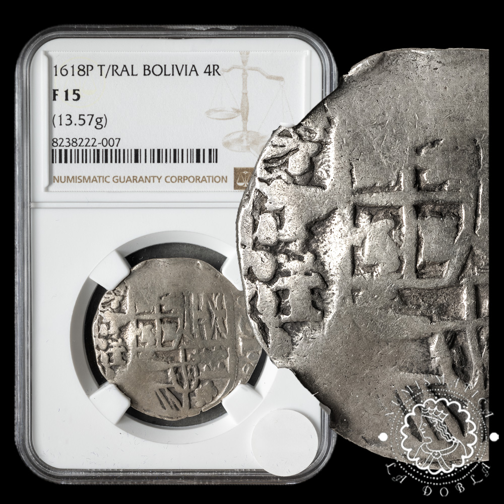 1618 – 4 REALES – FELIPE III – Potosí T/RAL – NGC F15 (Rara)