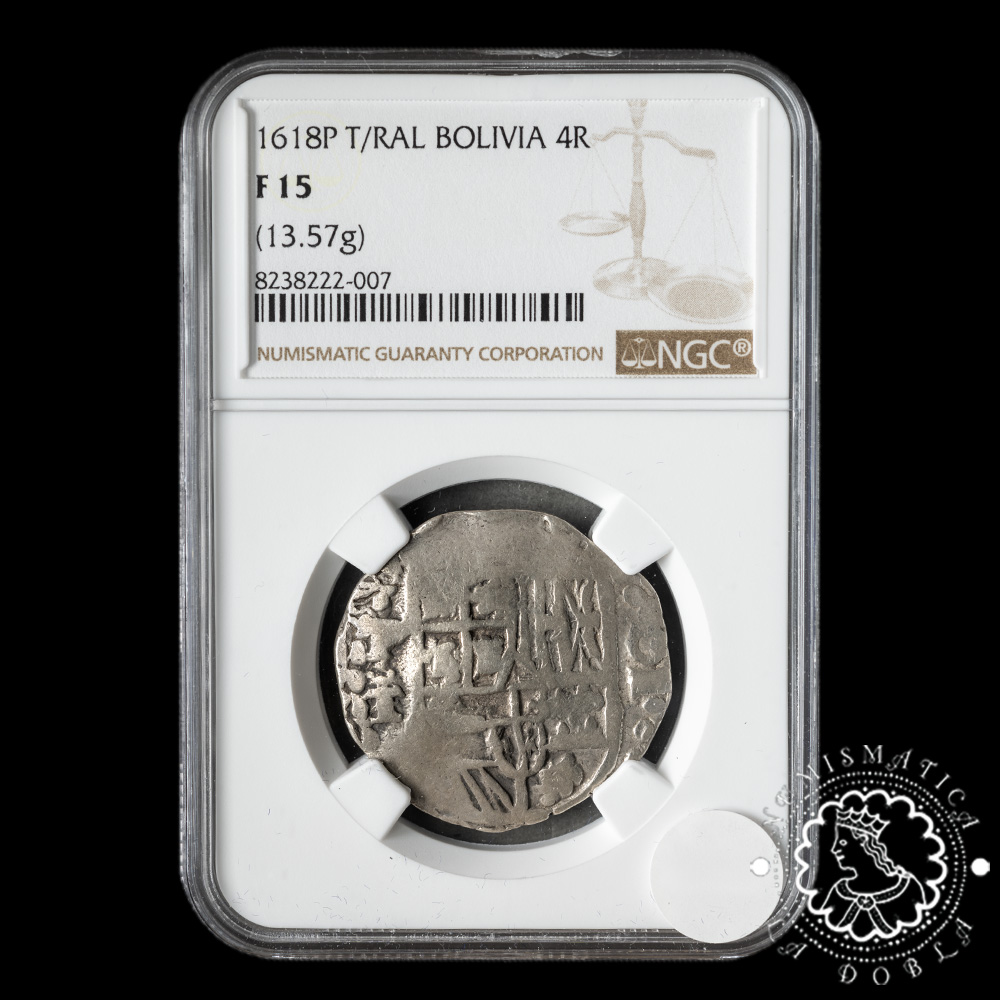 1618 – 4 REALES – FELIPE III – Potosí T/RAL – NGC F15 (Rara)