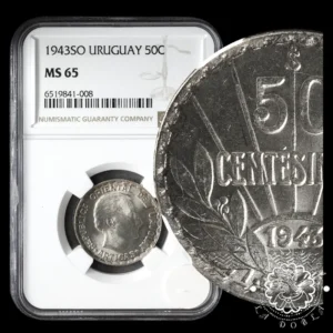 1943 - 50 CENTÉSIMOS - URUGUAY - Santiago de Chile - NGC MS65