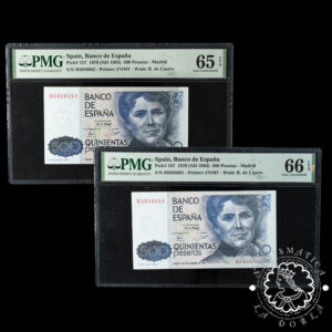 1979 - Pareja Correlativa 500 PESETAS - Rosalía - Pick 157 Serie B - PMG 65/66 EPQ
