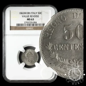 1863 - 50 CENTESIMI - Víctor Emanuel II - ITALIA - Milán - NGC MS63