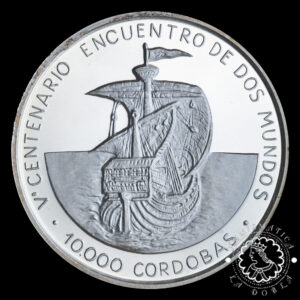1990 - 10000 CÓRDOBAS Plata PROOF - Encuentro de dos Mundos - NICARAGUA
