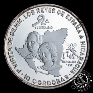 1991 - 10 CÓRDOBAS Plata PROOF - Visita Reyes de España - NICARAGUA