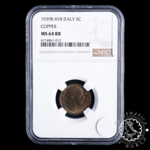 1939 - 5 CENTESIMI - Víctor Emanuel III - ITALIA - Roma - NGC MS64 RB