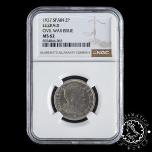 1937 - 2 PESETAS - II República - Euskadi - NGC MS62 (Reverso girado)