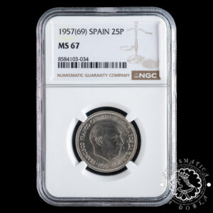 1957 *69 - 25 PESETAS - Franco - NGC MS67 (TOP POP)