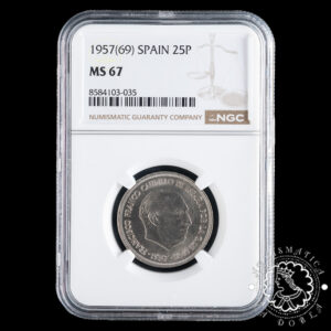 1957 *69 - 25 PESETAS - Franco - NGC MS67 (TOP POP)